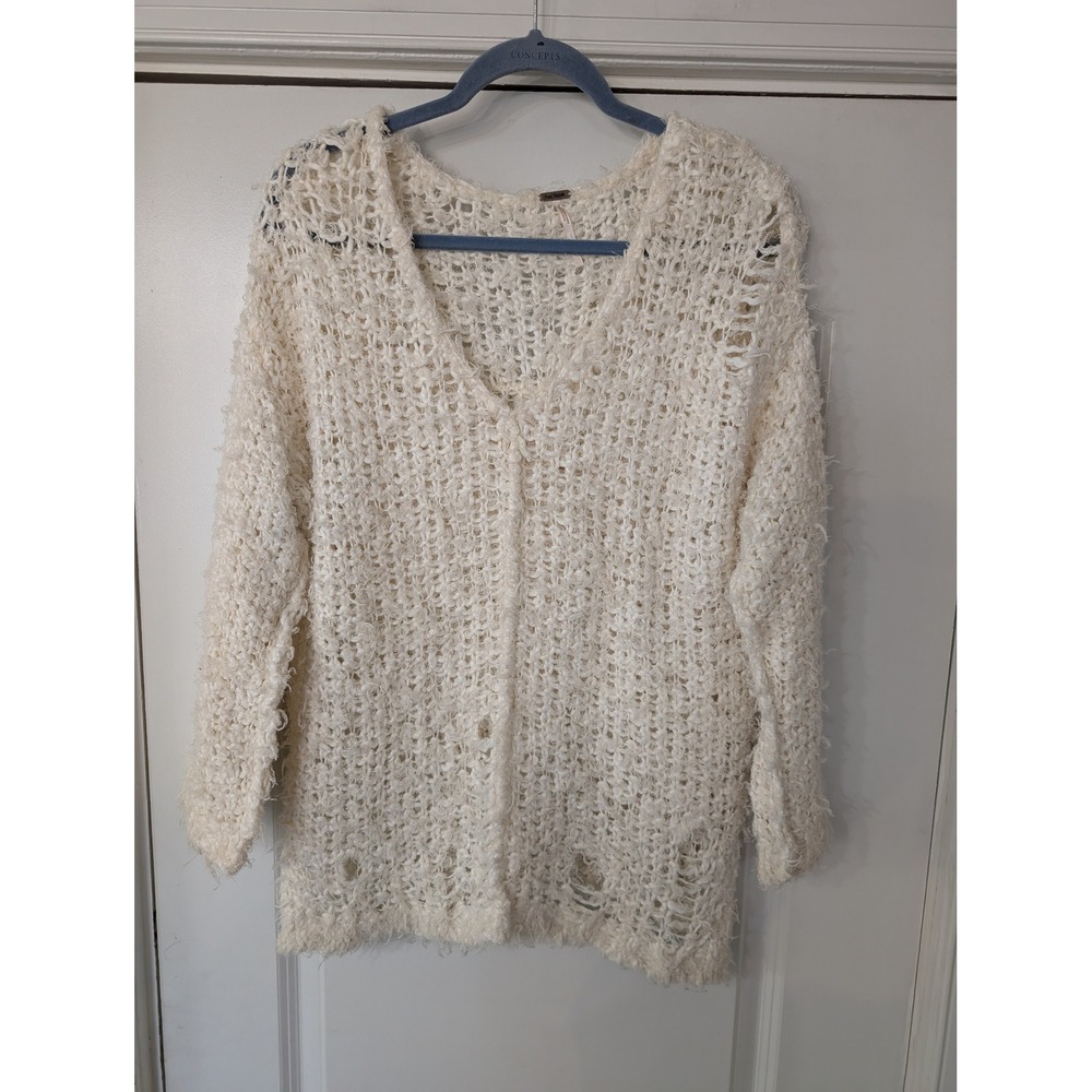 Free People Womens Ivory Open Knit Distressed Oversized Sweater Small neutral